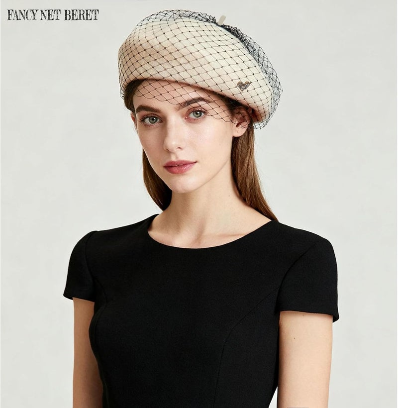 huablo French Berets Hat with Veil Premium Cashmere Beret Elegant Church Wool Hat for Women Solid Artist Hat - Image 2